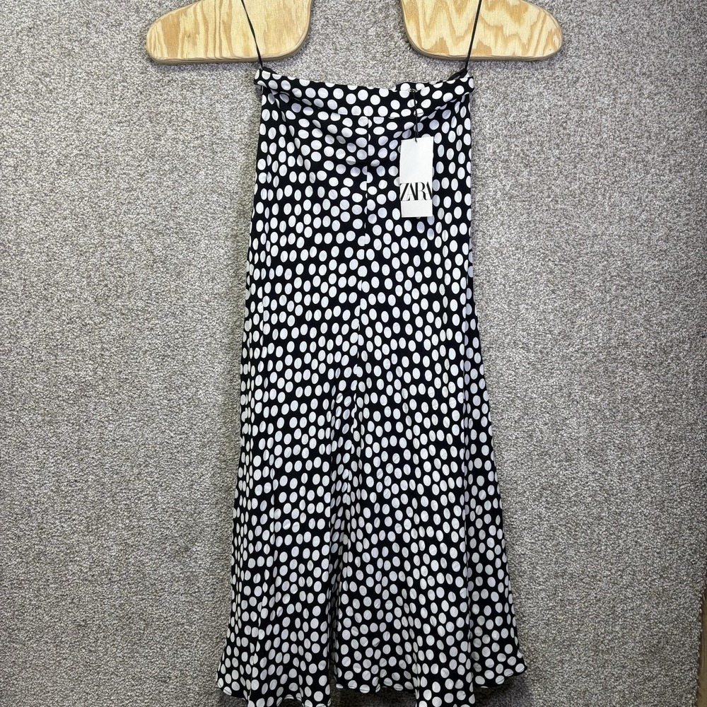 NWT Zara Skirt‎ Womens XS Black Polka Dot Satin Midi A Line Zip Back Casual